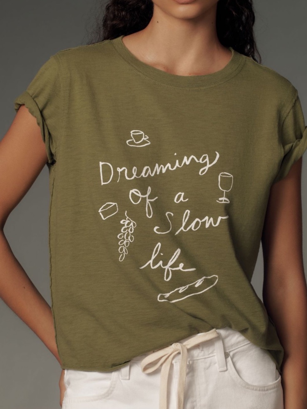 Maeve Olive Green 'Dreaming of a Slow Life' Graphic Tee by Artist Phthalo Ruth